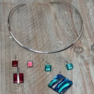 2 Murano glass sets pendant and earrings. James Avery silver choker necklace